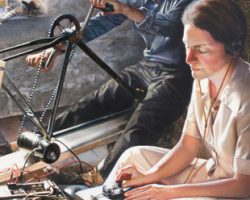 Allied woman spy using bicycle dynamo to power a radio